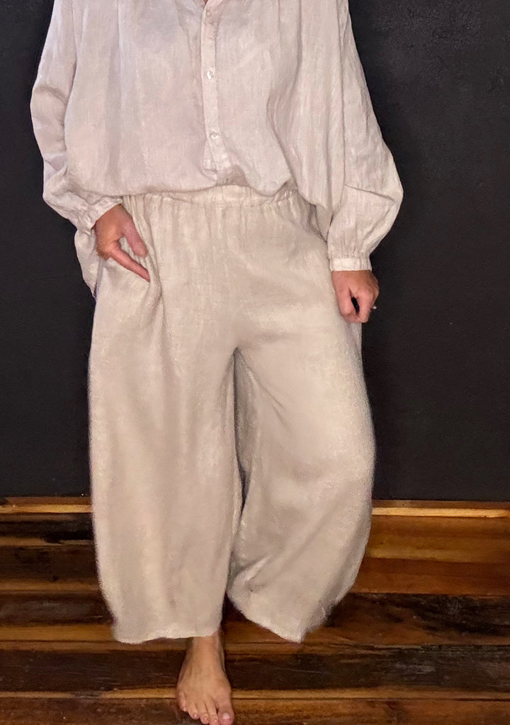 MONTAIGNE EADIE LINEN WIDE LEG GATHERED PANTS - NATURAL