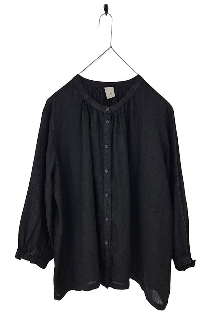 MONTAIGNE CARMEN BUTTON THROUGH LONG SLEEVE LINEN TOP - FRENCH NAVY