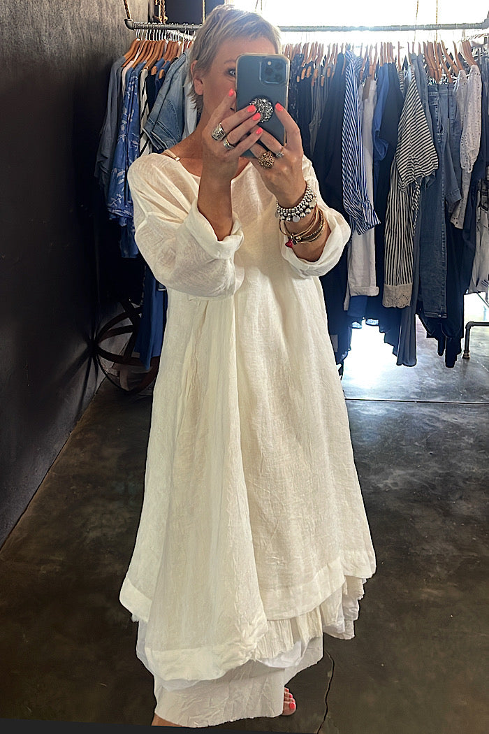 SYLVIE GAUZE LINEN TUNIC DRESS - WHITE