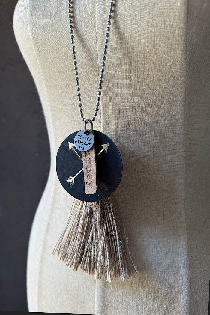 MICKELLOO TASSEL & CHARM NECKLACE - GO, SEE, EXPLORE