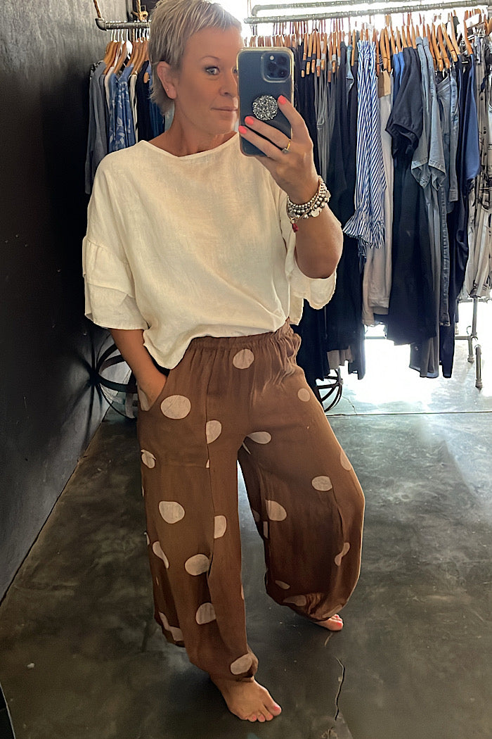 LULU LINEN PANTS - TOBACCO POLKA DOT