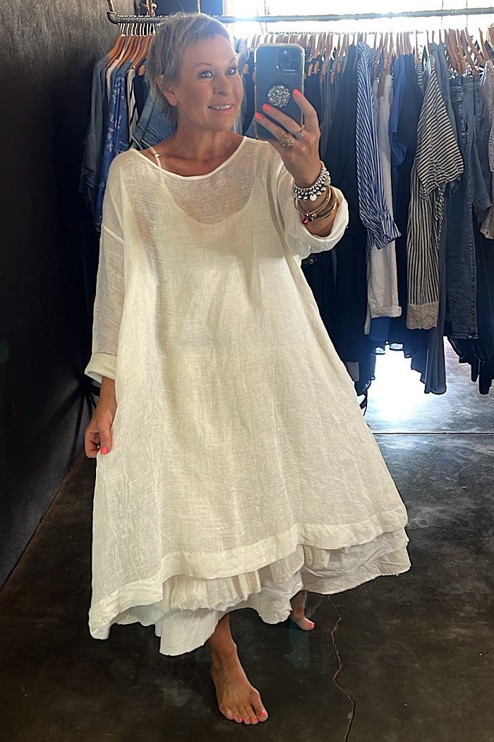 SYLVIE GAUZE LINEN TUNIC DRESS - WHITE