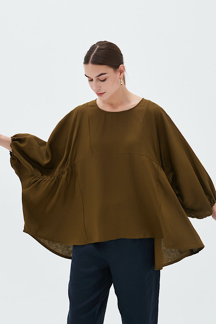 ELASTIC GATHER VOLUME BLOUSE - DARK MOSS