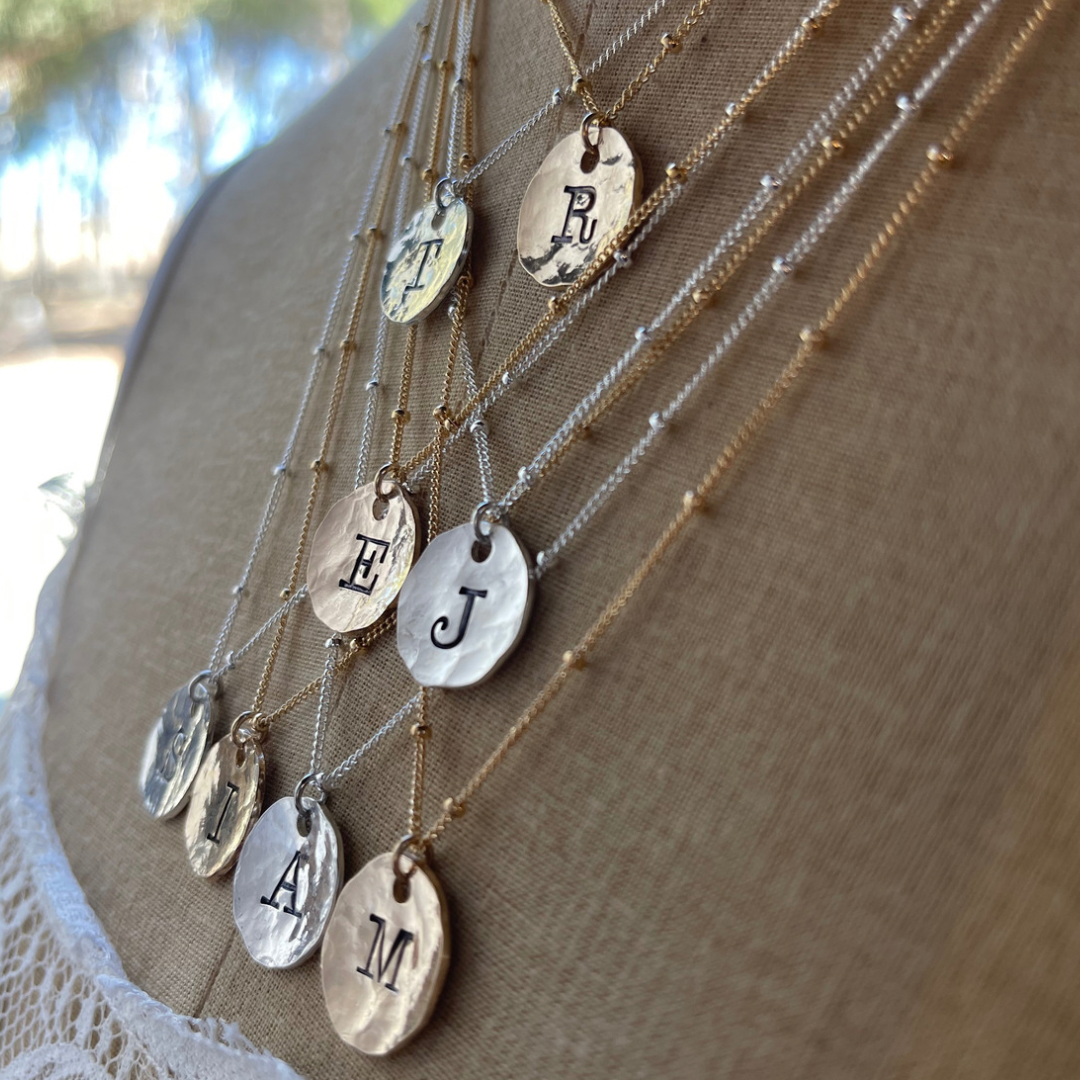 HAND STAMPED HAMMERED INITIAL PENDANT NECKLACE