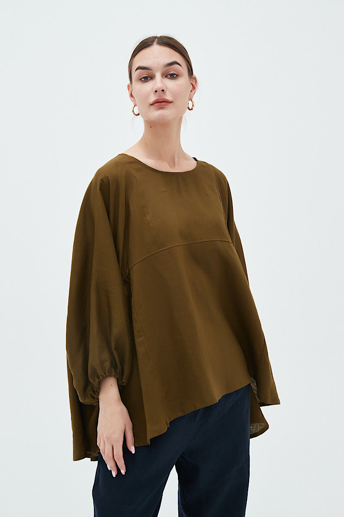 ELASTIC GATHER VOLUME BLOUSE - DARK MOSS