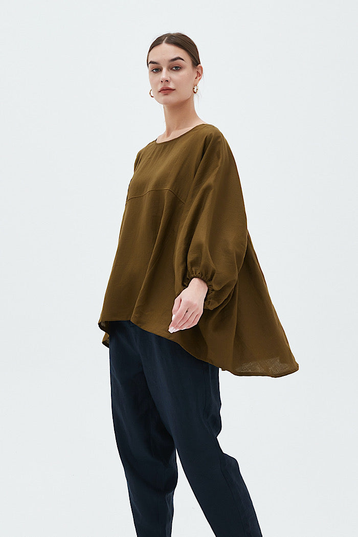 ELASTIC GATHER VOLUME BLOUSE - DARK MOSS