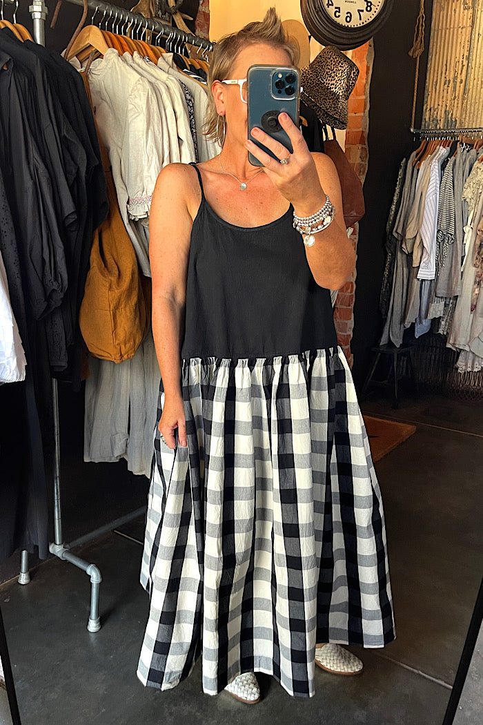 HIGH TEA SLIP DRESS LONG - MONOCHROME CHECK