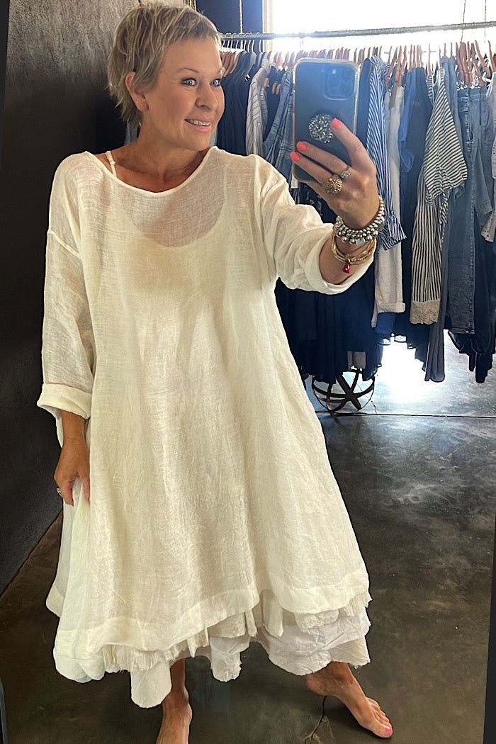 SYLVIE GAUZE LINEN TUNIC DRESS - WHITE