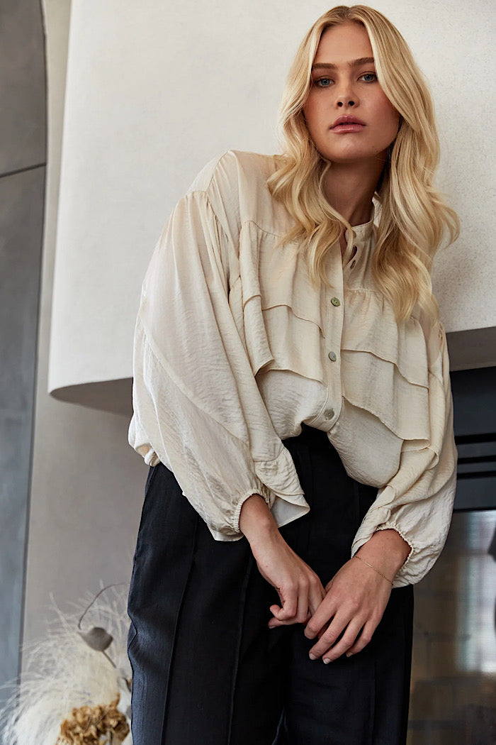 Cream ruffle blouse deals