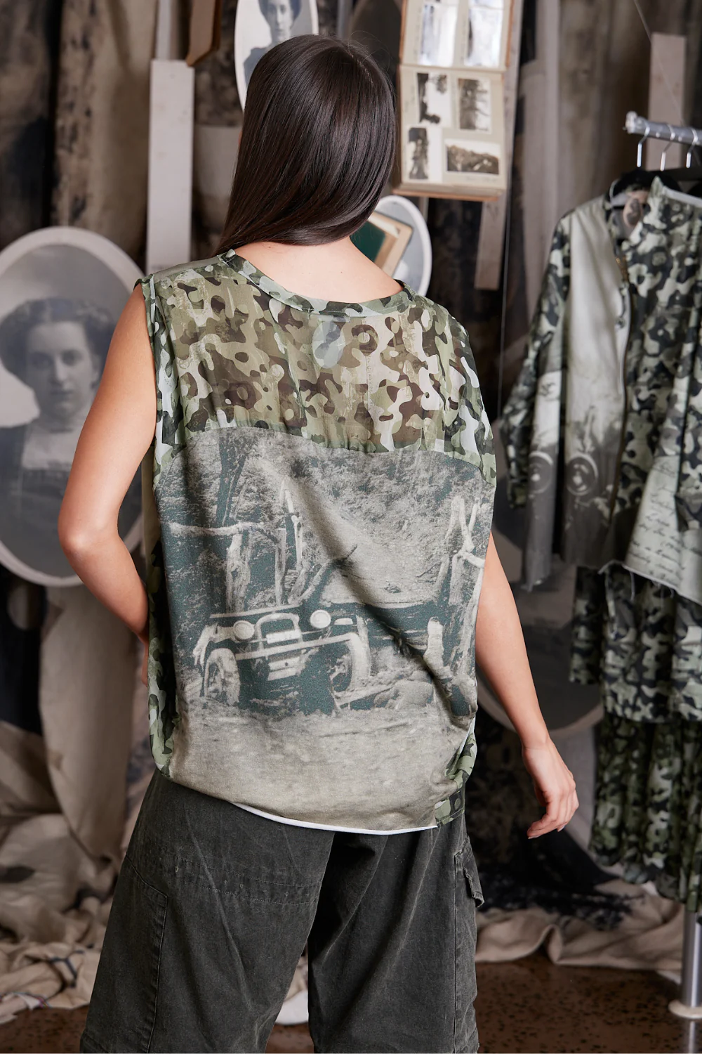 CIRCULAR BY MAUD DAINTY SILK JERSEY TOP - CAR CAMO