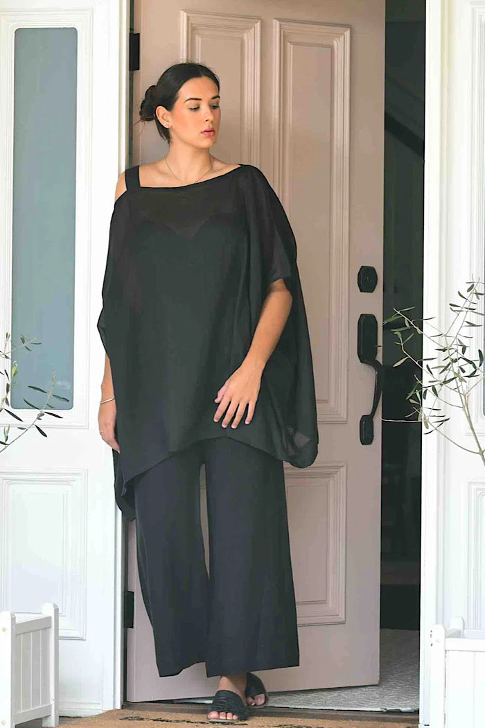 SOFT TOP WIDE LINEN PANTS - BLACK