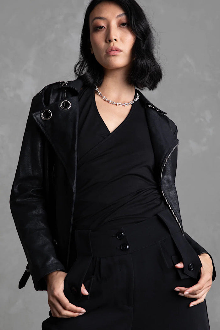 SLOAN FAUX LEATHER EYELET JACKET - BLACK - FINAL CLEARANCE