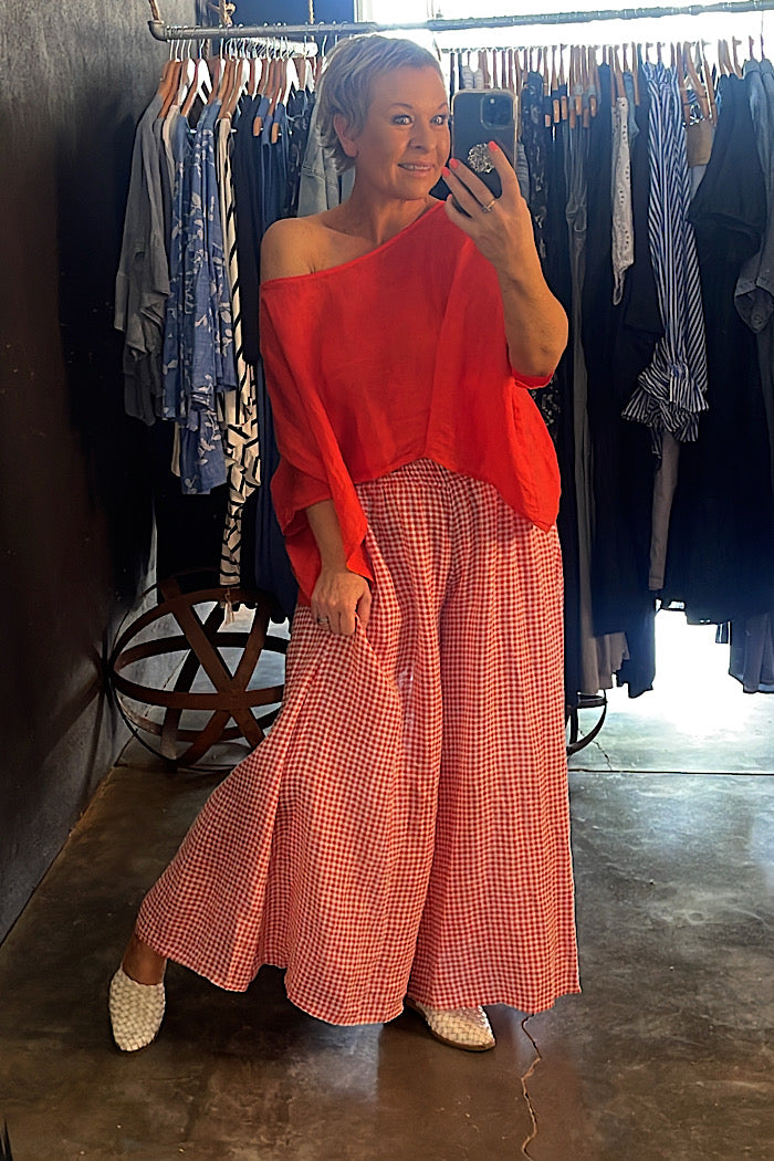 LINEN WIDE LEG COLLOT - RED GINGHAM CHECK