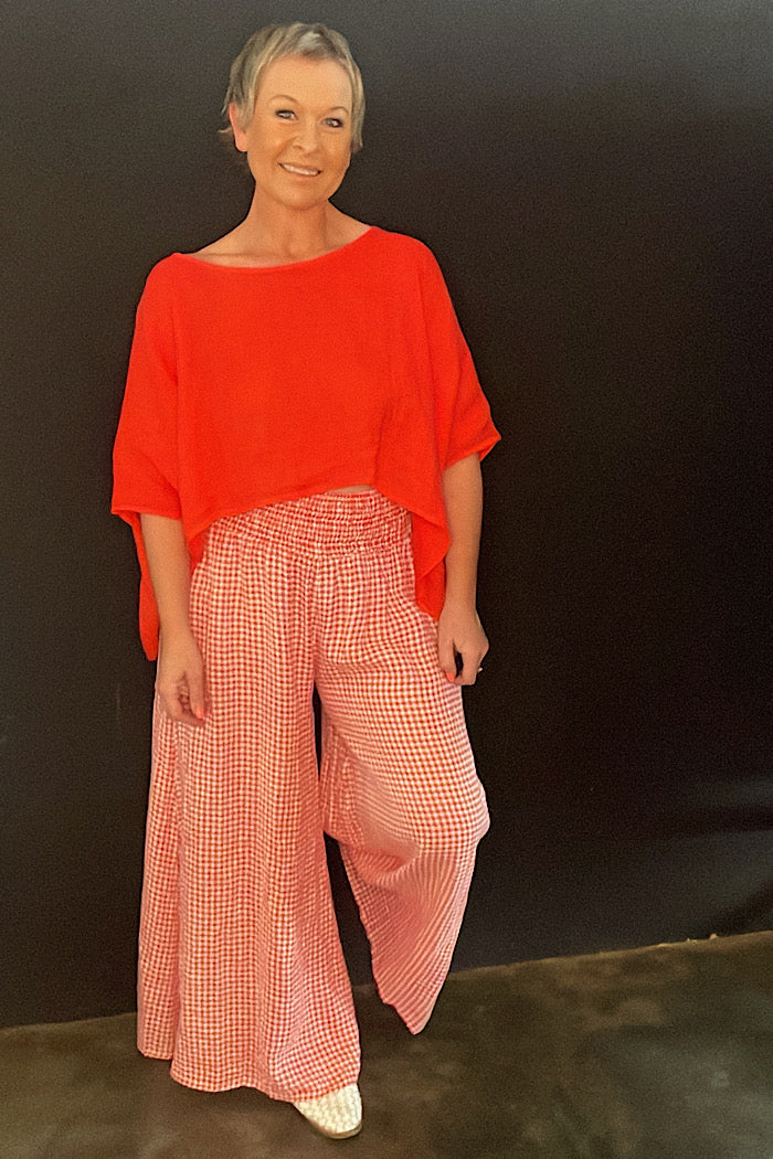 LINEN WIDE LEG COLLOT - RED GINGHAM CHECK