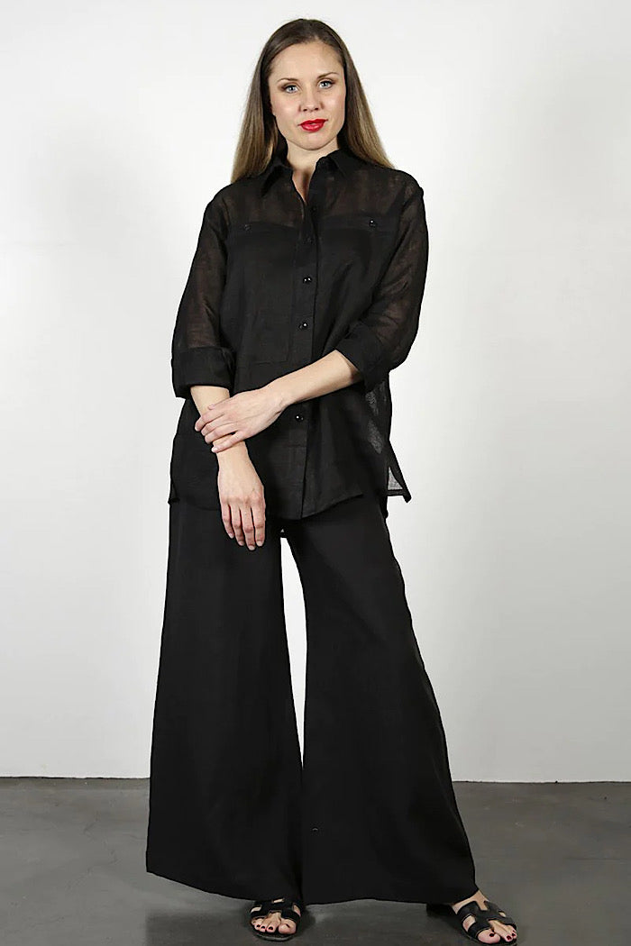 SOFT TOP WIDE LINEN PANTS - BLACK