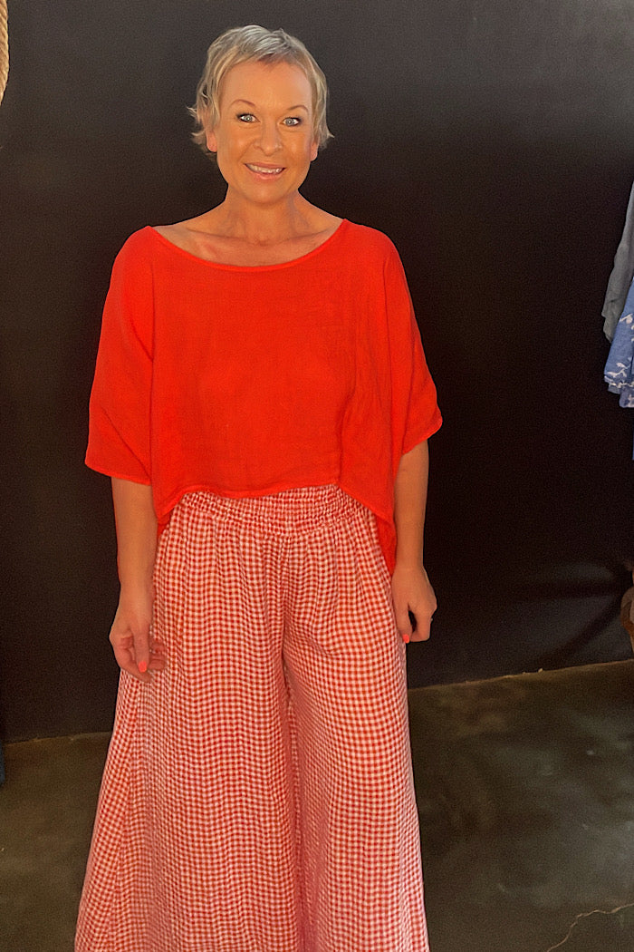 LINEN WIDE LEG COLLOT - RED GINGHAM CHECK