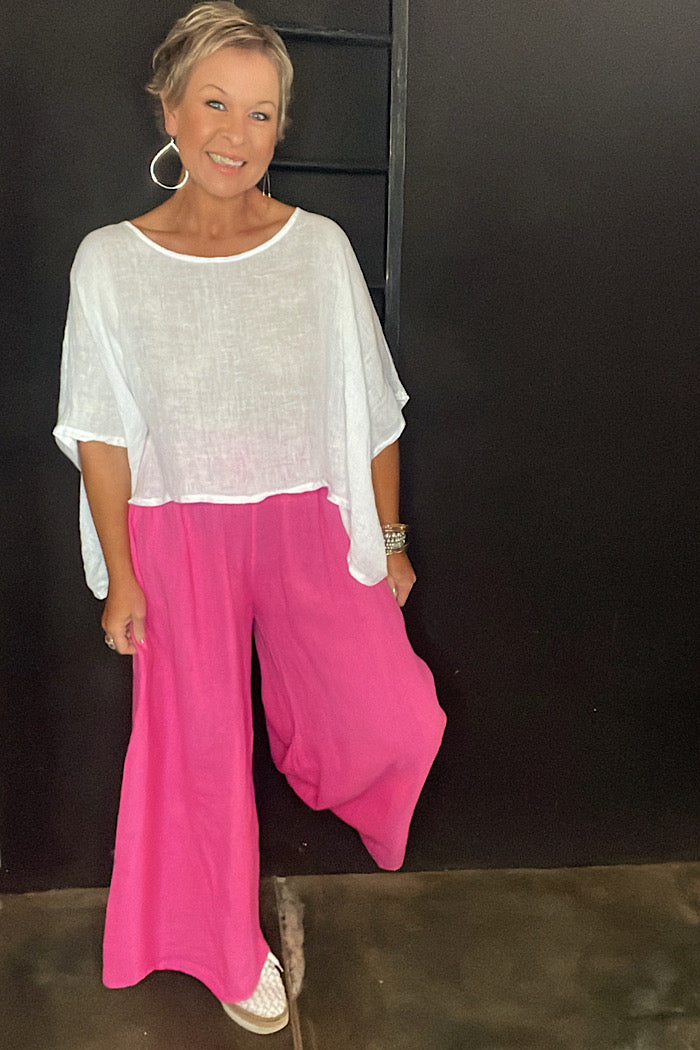 LINEN WIDE LEG COLLOT - HOT PINK MO