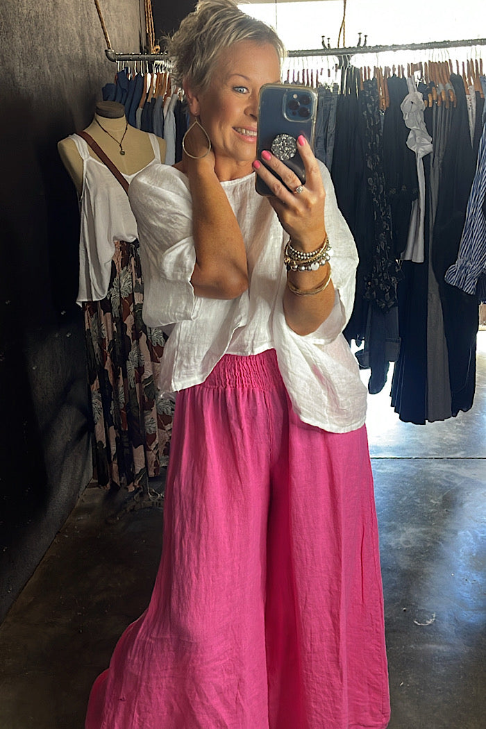 LINEN WIDE LEG COLLOT - HOT PINK MO