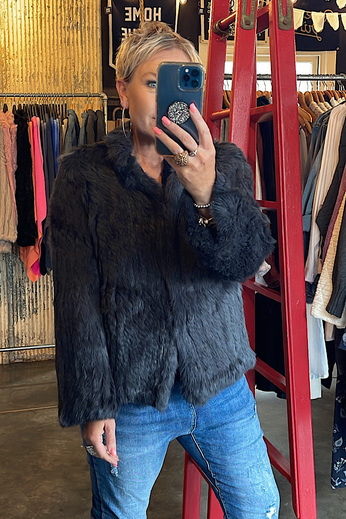 HIGH NECK FUR COAT - SLATE CHARCOAL