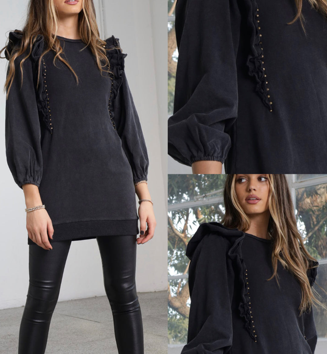 LONGLINED RUFFLE & STUD SWEATER - WASHED BLACK