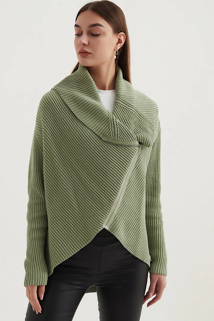 DIAGONAL ZIP CARDIGAN - SAGE - FINAL CLEARANCE