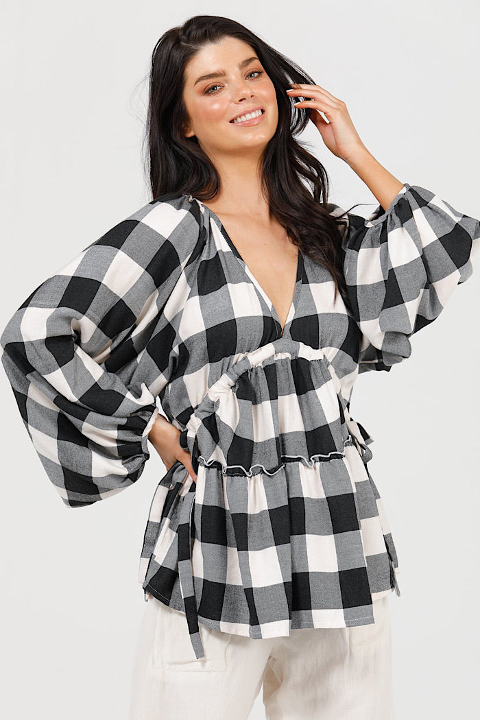 WING AND A PRAYER TOP - BLACK + WHITE CHECK - FINAL CLEARANCE