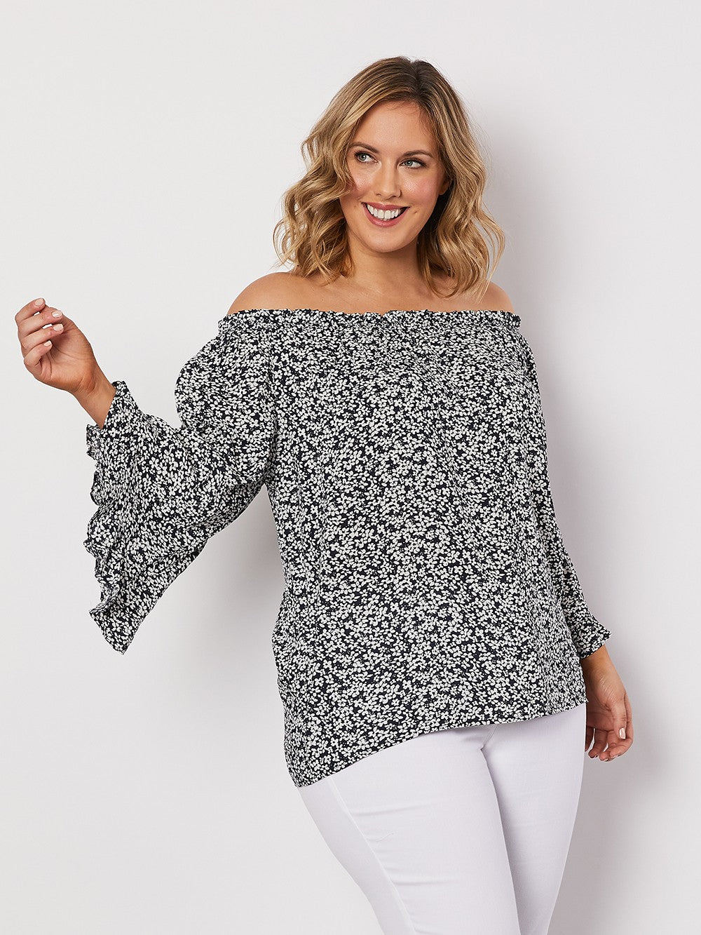 OFF THE SHOULDER TOP - NAVY PRINT