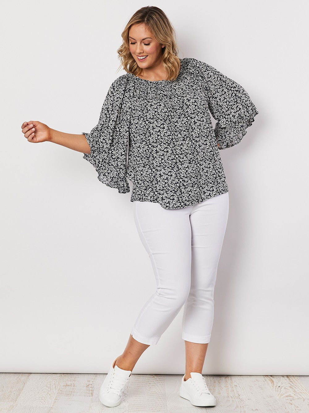 OFF THE SHOULDER TOP - NAVY PRINT