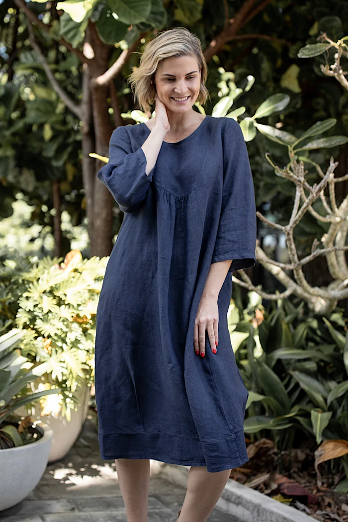 BIANCA LINEN MIDI DRESS - NAVY